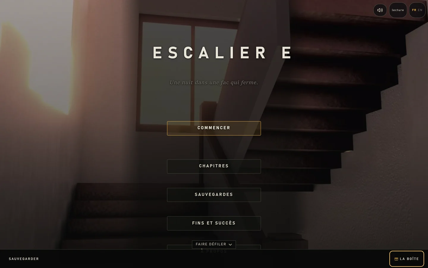 Escalier E's title screen: a staircase in low sunlight