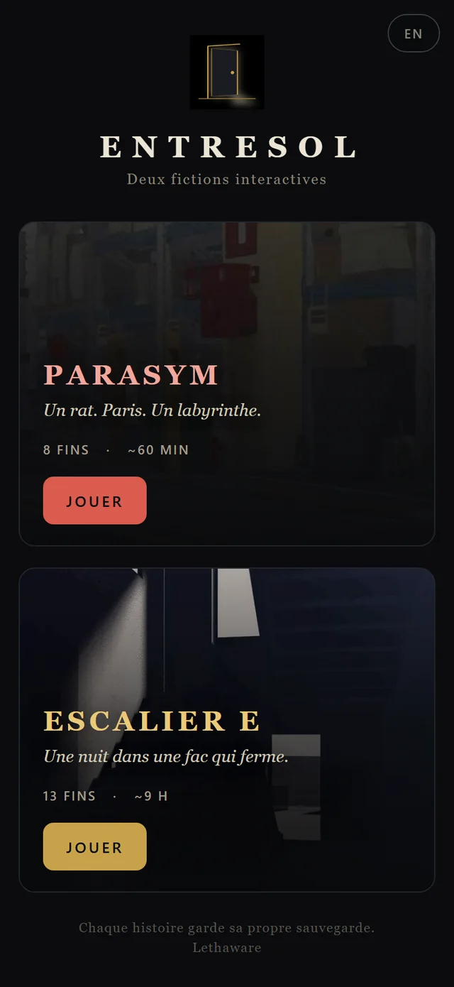 Entresol's phone home screen: two cards, Parasym and Escalier E